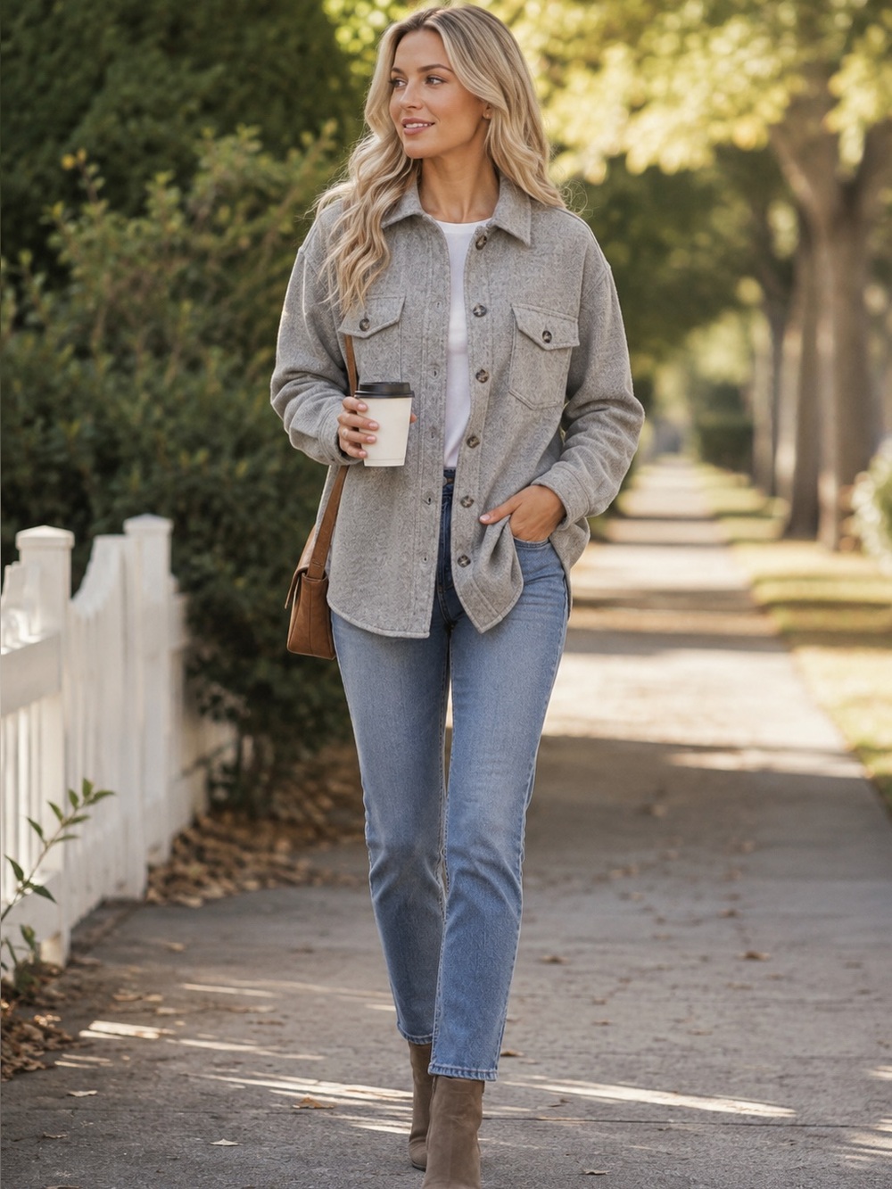 Women's Gray Shacket Jacket - Button Front Casual Outerwear